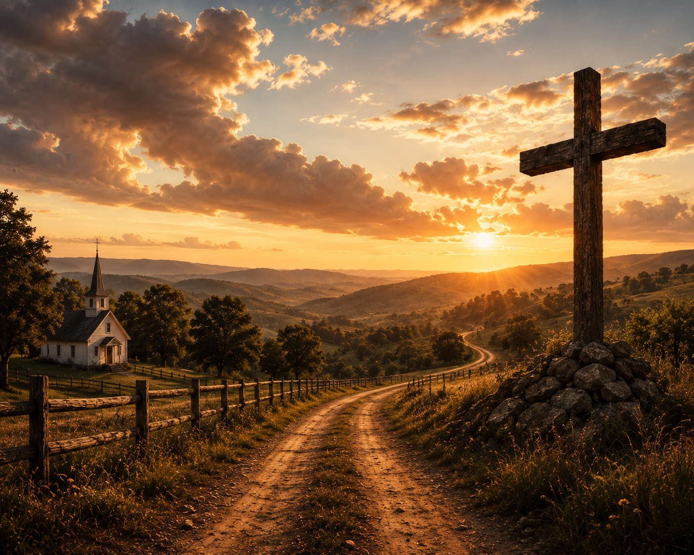 A winding country road passes a small rural church and a wooden cross beneath a dramatic golden sunset.