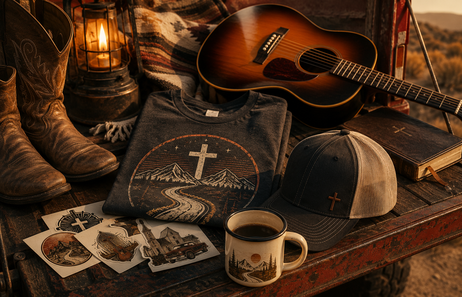 Backroads of Faith Christian-country merchandise display with a guitar, boots, mug, hat, Bible, stickers, and rustic western styling.